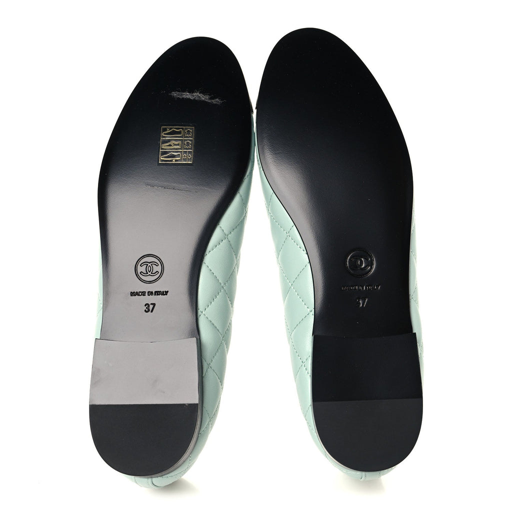 Lambskin Quilted CC Cap Toe Ballerina Flats 37 Light Blue Black