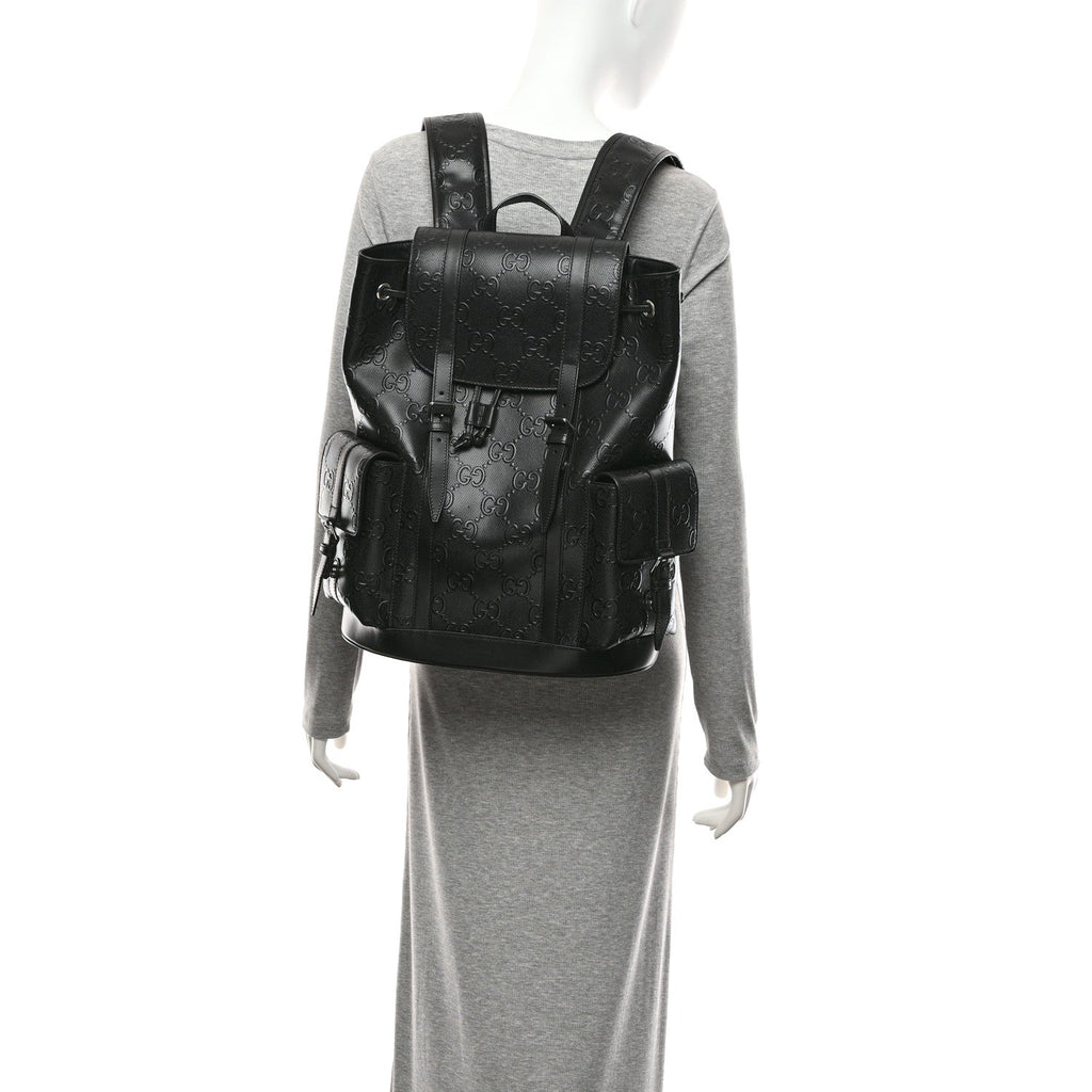 Calfskin GG Tennis Embossed Double Buckle Backpack Black