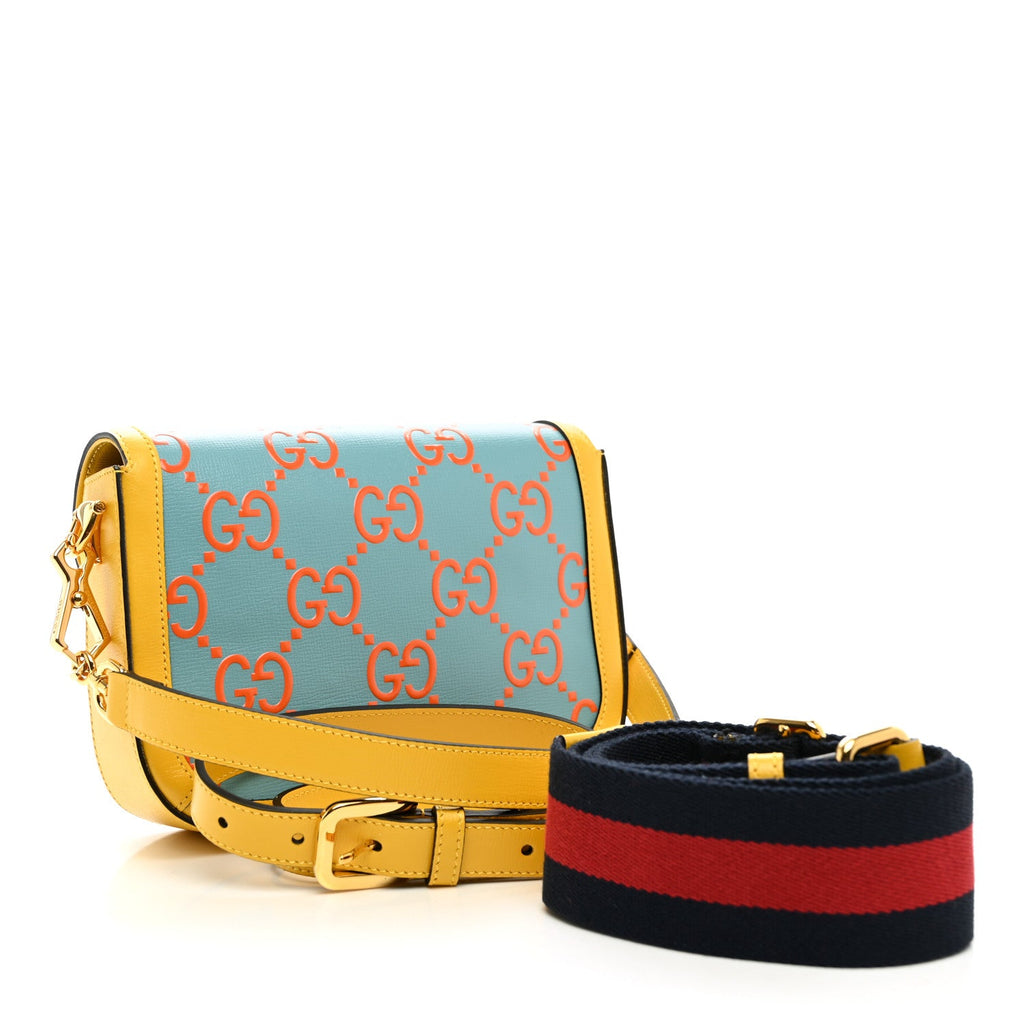 Azalea Calfskin GG Monogram Bi-Color Debossed Mini Horsebit 1955 Shoulder Bag Dusty Azure Stone Topaz Deep Orange