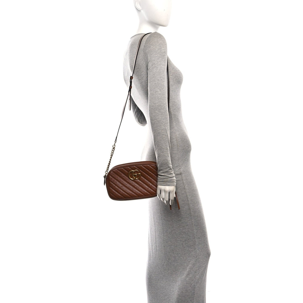 Glazed Calfskin Matelasse Diagonal Small GG Marmont Chain Shoulder Bag Cuir
