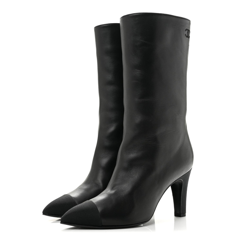 Lambskin Grosgrain Cap Toe Short Boots 35.5 Black