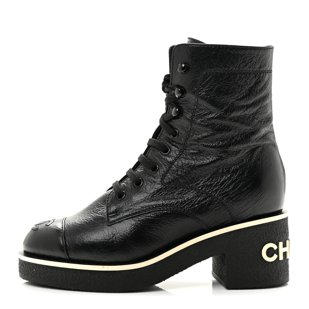 Shiny Crumpled Lambskin Lace Up Combat Boots 36 Black