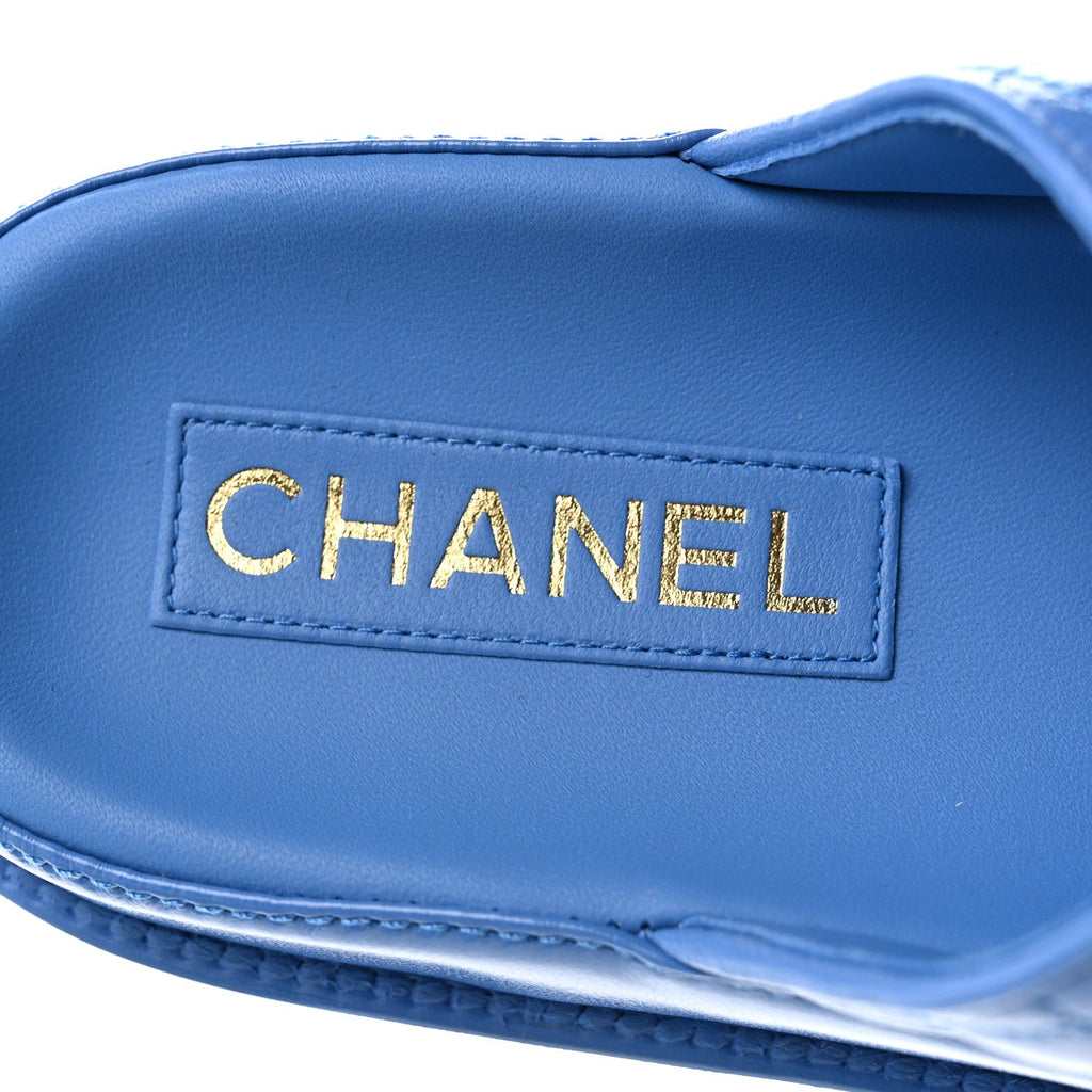 Lambskin Quilted Velcro Dad Chain CC Slide Sandals 39 Blue