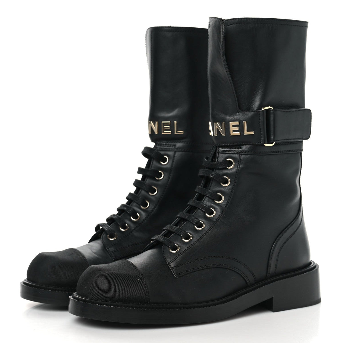 Shiny Calfskin Grosgrain Lace Up Combat Boots 36.5 Black