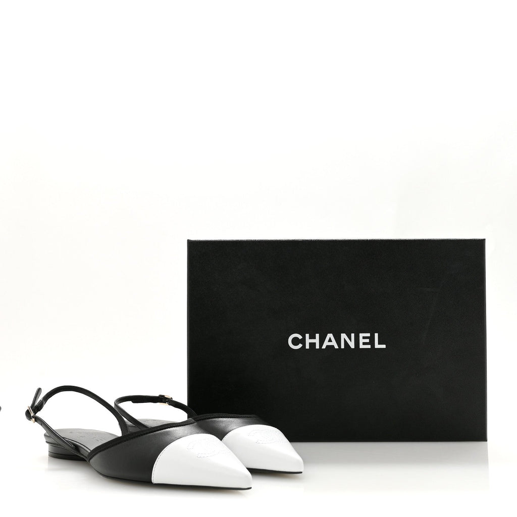 Iridescent Lambskin Cap Toe CC Slingback Flats 37 Black White