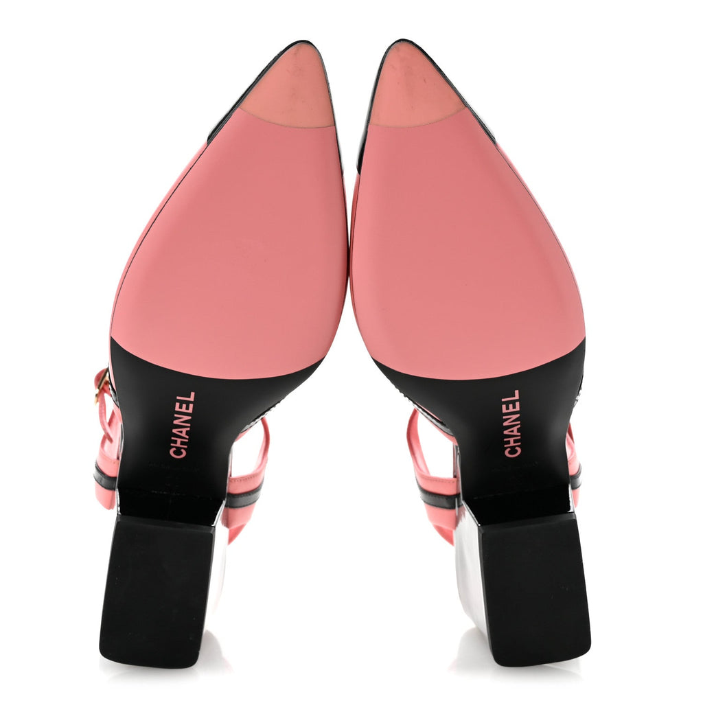 Patent Calfskin CC Ankle Strap Sandals 38 Pink Black