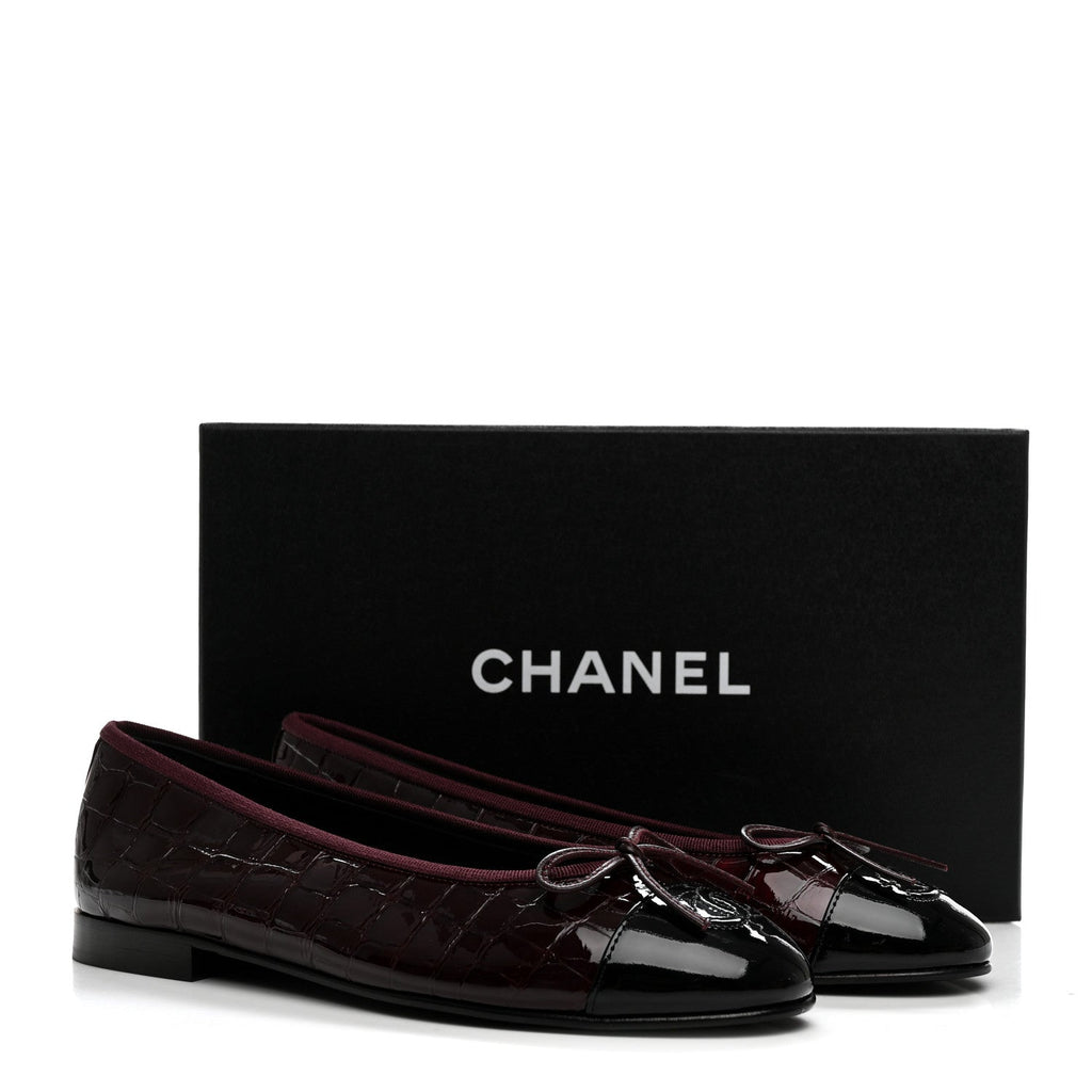 Patent Calfskin Crocodile Embossed Ballerina Flats 37.5 Dark Burgundy Black
