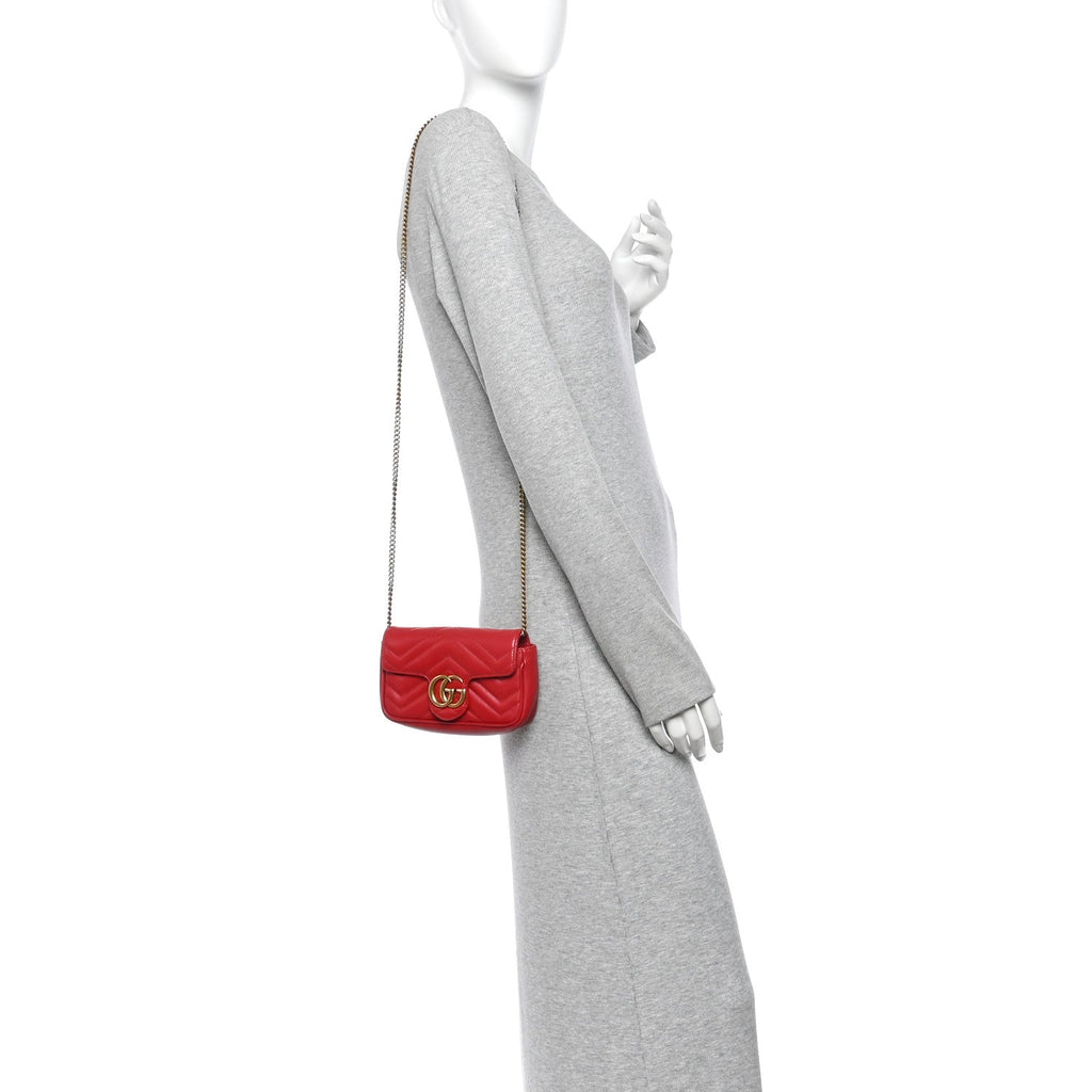 Calfskin Matelasse Super Mini GG Marmont Shoulder Bag Hibiscus Red