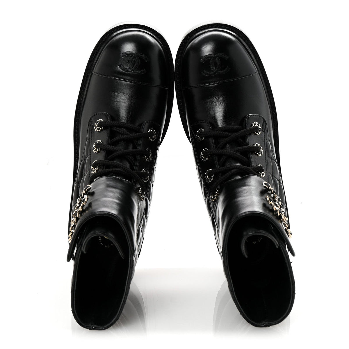 Shiny Lambskin Quilted Lace Up Combat Boots 39 Black