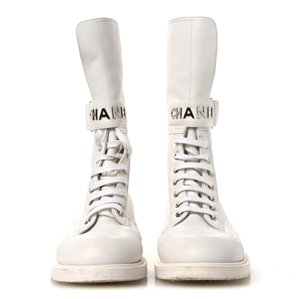 Calfskin Lace Up Logo Mid Calf Combat Boots 38.5 White Black