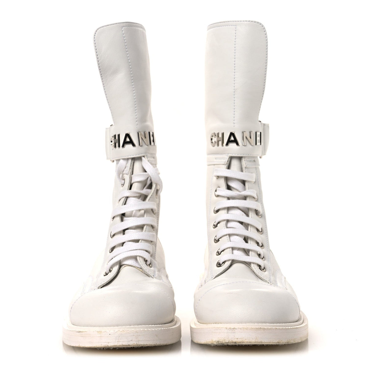 Calfskin Lace Up Logo Mid Calf Combat Boots 38.5 White Black
