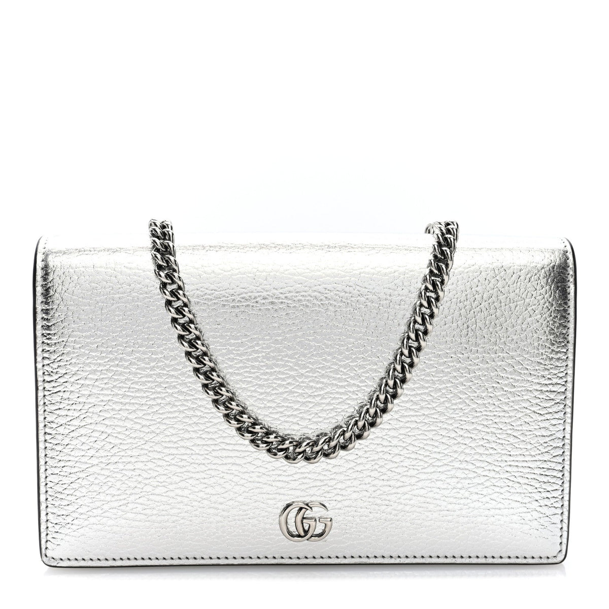 Metallic Dollar Calfskin Mini GG Marmont Chain Wallet Silver