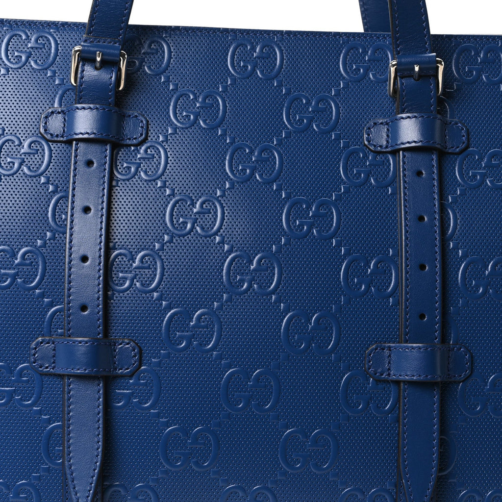 Calfskin GG Tennis Embossed Tote Bag Intense Metal Blue
