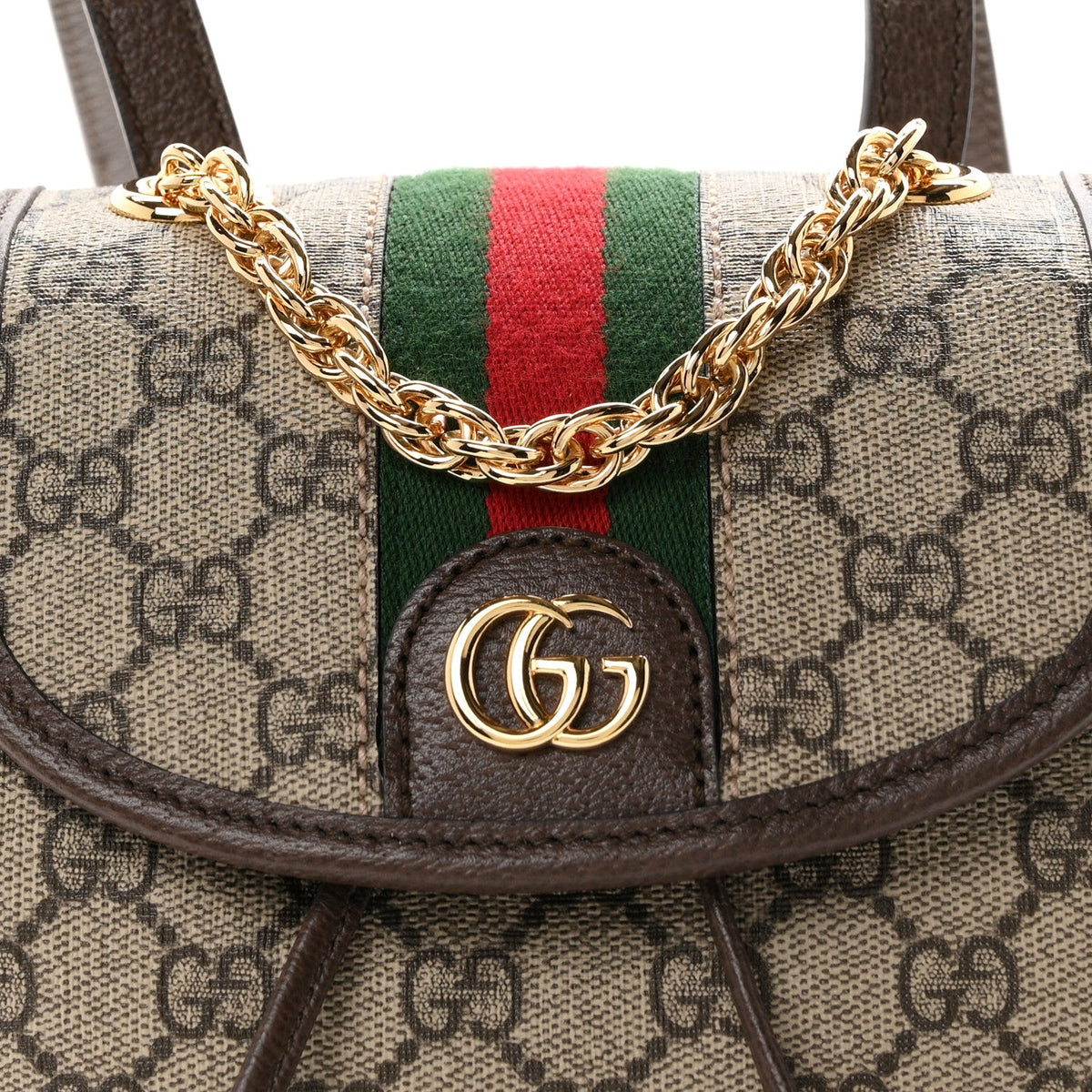 GG Supreme Monogram Textured Dollar Calfskin Web Mini Ophidia Chain Drawstring Backpack Beige Brown