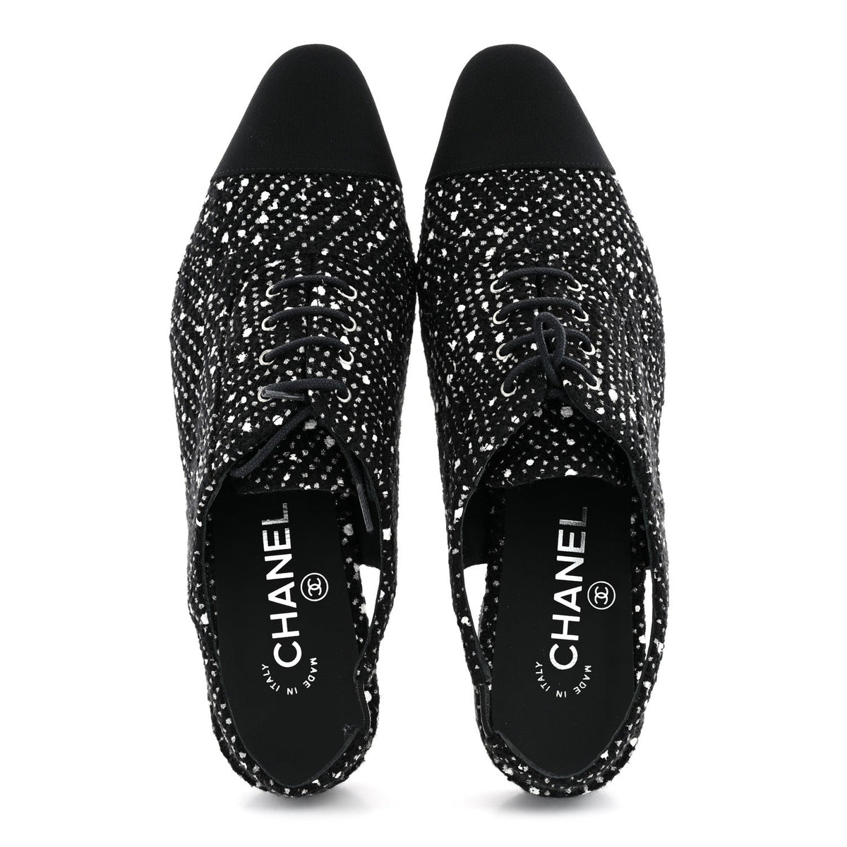 Cotton Tweed Grosgrain Cap Toe Lace Up Slingbacks 38 Black Silver White