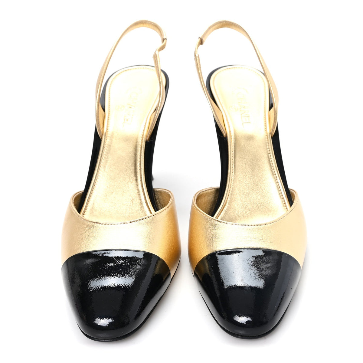Laminated Lambskin Patent Cap Toe CC Apple Slingback Pumps 40 Gold Black