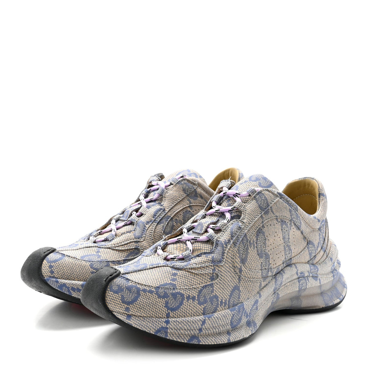 Ultralight Plume Calfskin Monogram Printed Womens Gucci Run Sneakers 37.5 Beige Blue