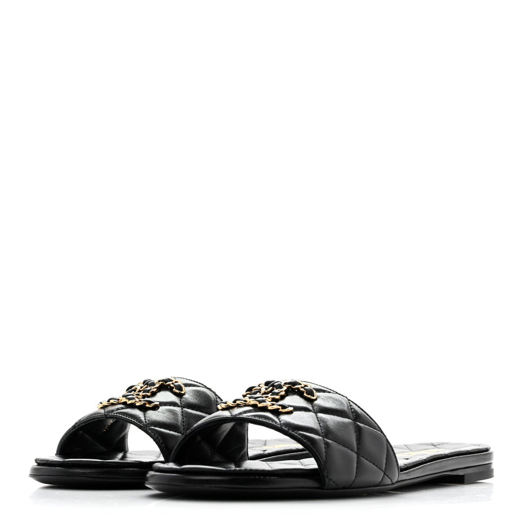 Shiny Goatskin Quilted CC Mules Sandals 39.5 Black