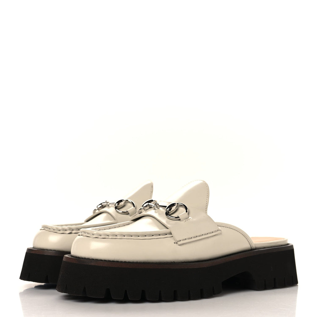Cordovan Lux Horsebit Platform Mules 37 Mystic White