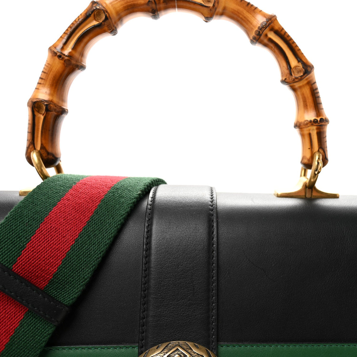 Calfskin Bamboo Web Large Dionysus Top Handle Bag Black Bright Evergreen Hibiscus Red