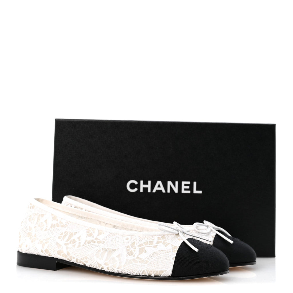 Cotton Mixed Fibers Grosgrain Cap Toe CC Ballerina Flats 37.5 White Black