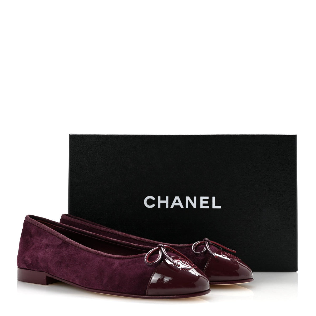 Suede Calfskin Patent Cap Toe CC Ballerina Flats 37 Burgundy