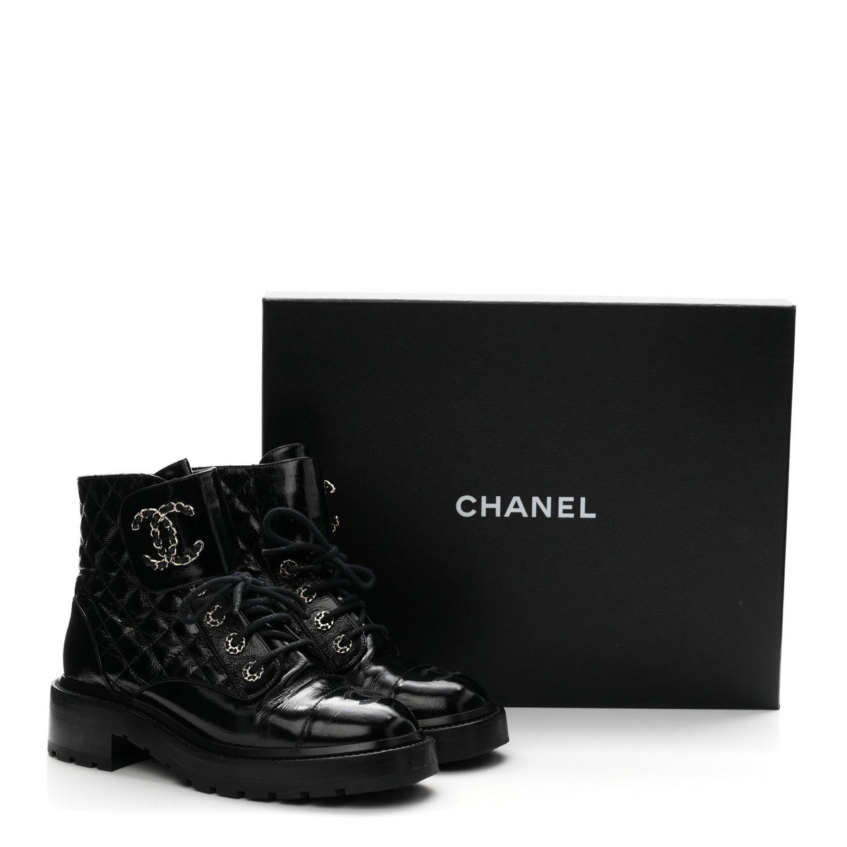 Shiny Lambskin Quilted Lace Up Combat Boots 38 Black
