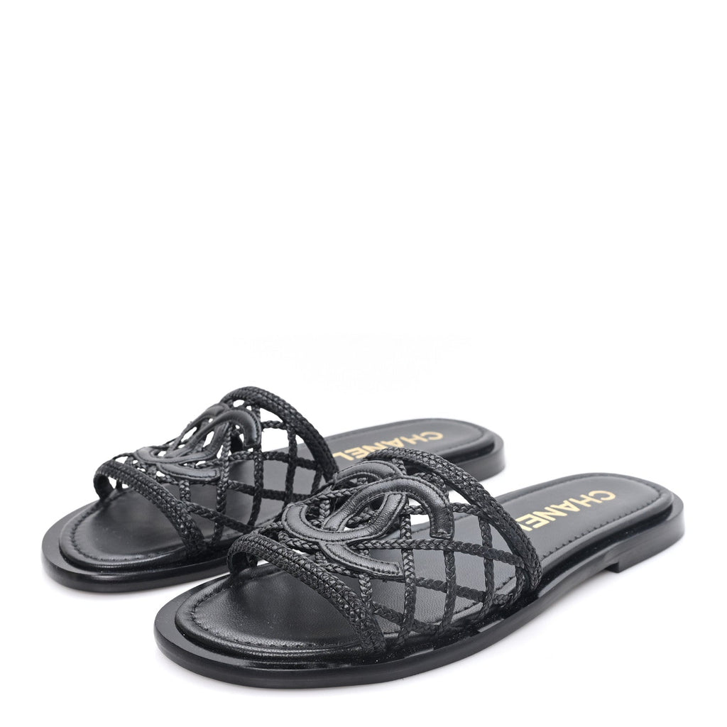 Lambskin Crochet CC Mules Sandals 36 Black