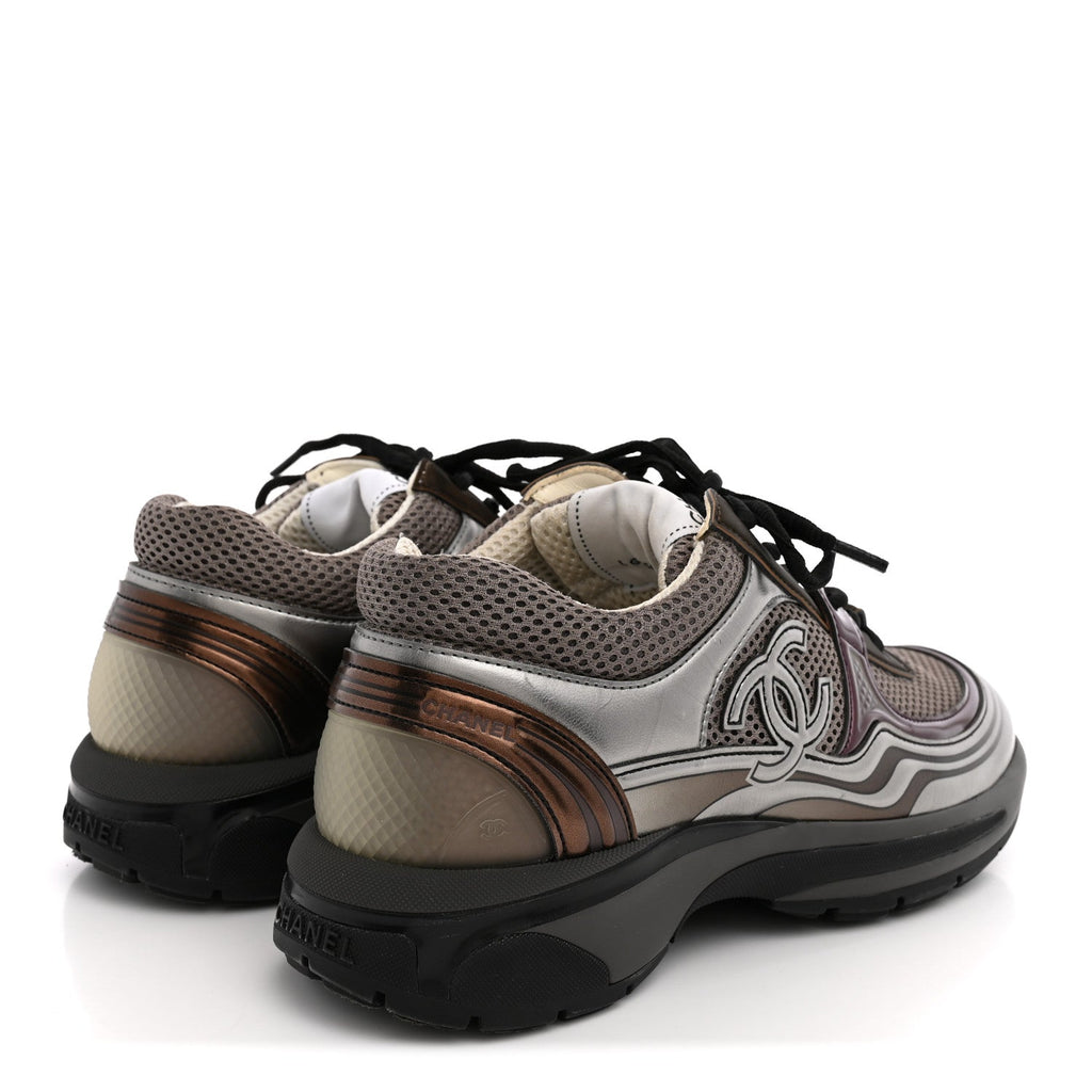 Fabric Laminated Calfskin Stretch CC Womens Sneakers 37.5 Khaki Silver Dark Purple