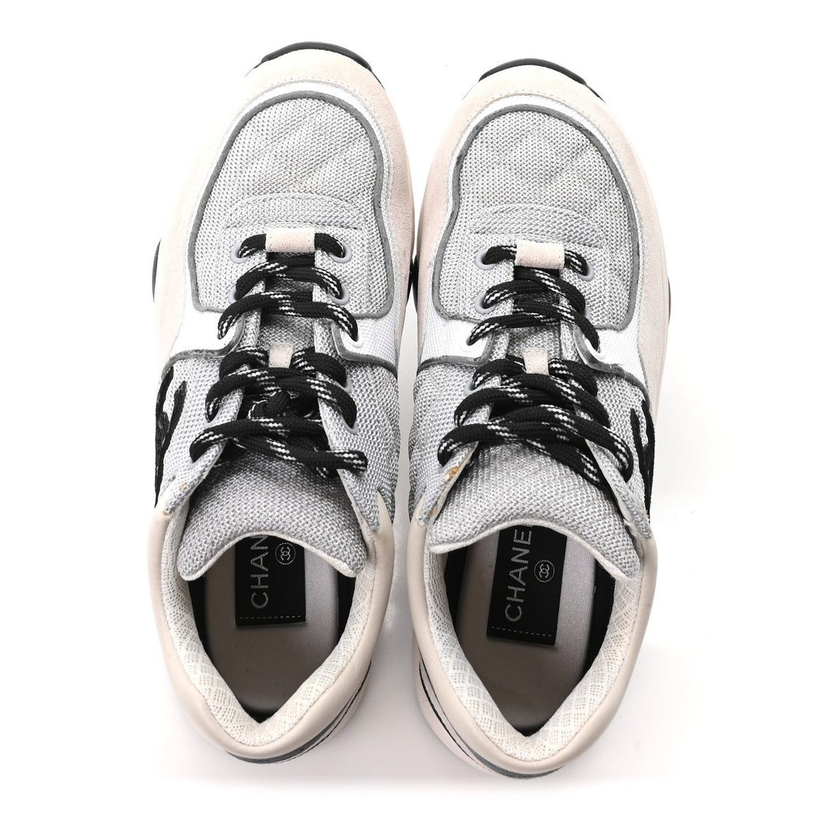 Mesh Suede Calfskin Grained Calfskin Womens CC Sneakers 37.5 Grey White