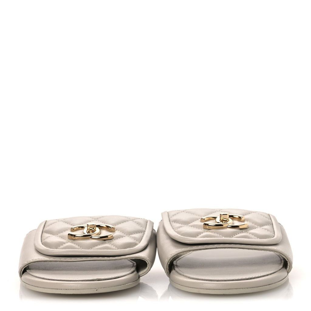 Lambskin Quilted Turnlock Flat Mules 39.5 Light Gray
