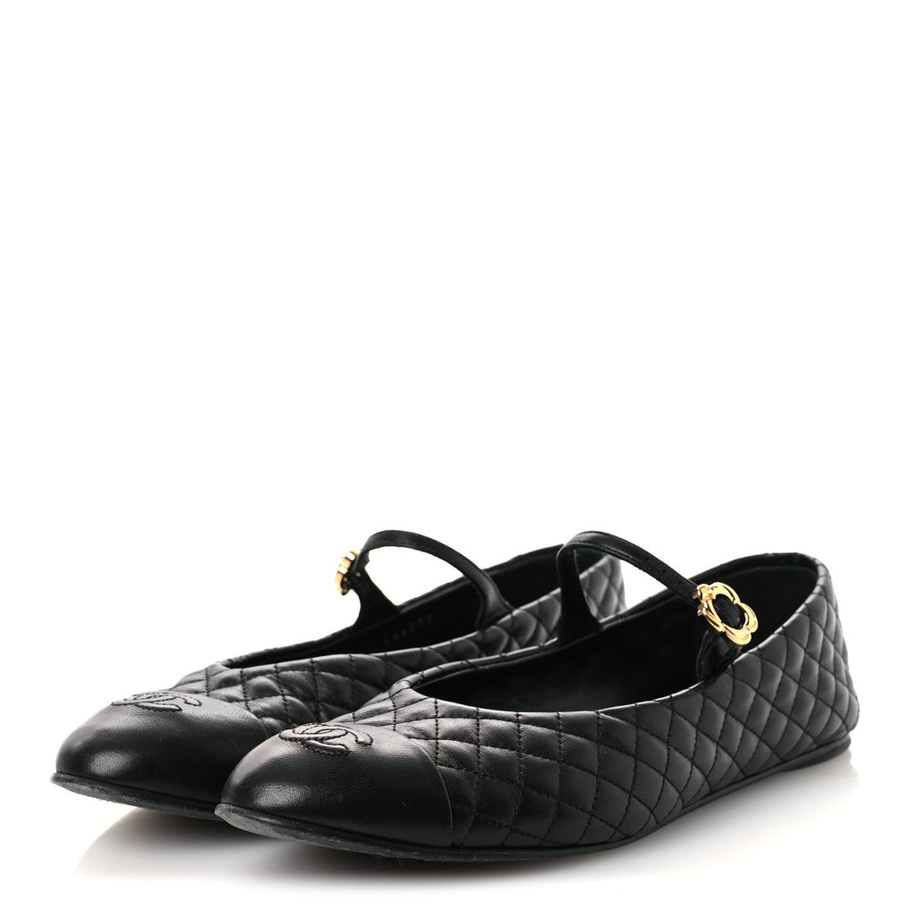 Lambskin Quilted Mary Jane Flats 38.5 Black