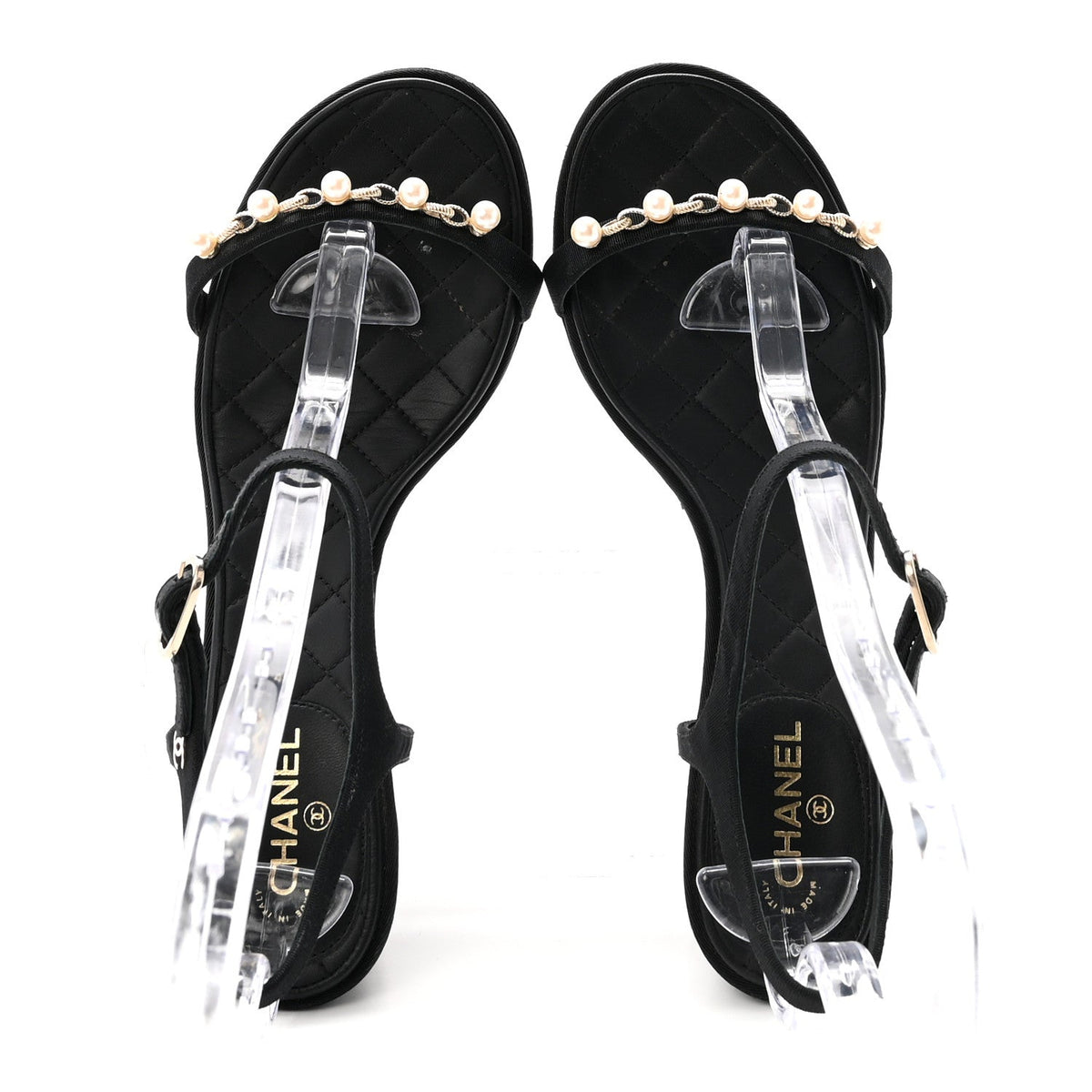 Grosgrain Pearl Chain CC Sandals 37.5 Black