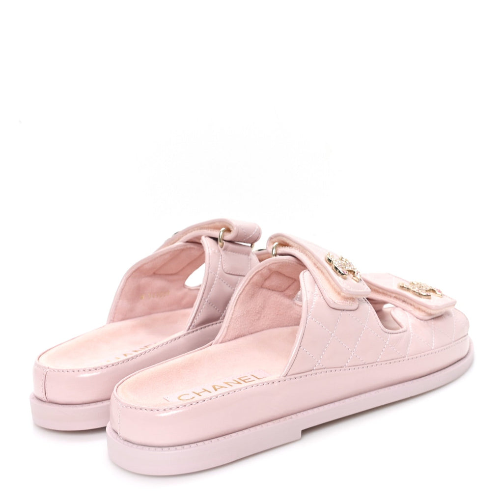 Shiny Calfskin Quilted Velcro Dad Crystal CC Slide Sandals 39 Light Pink