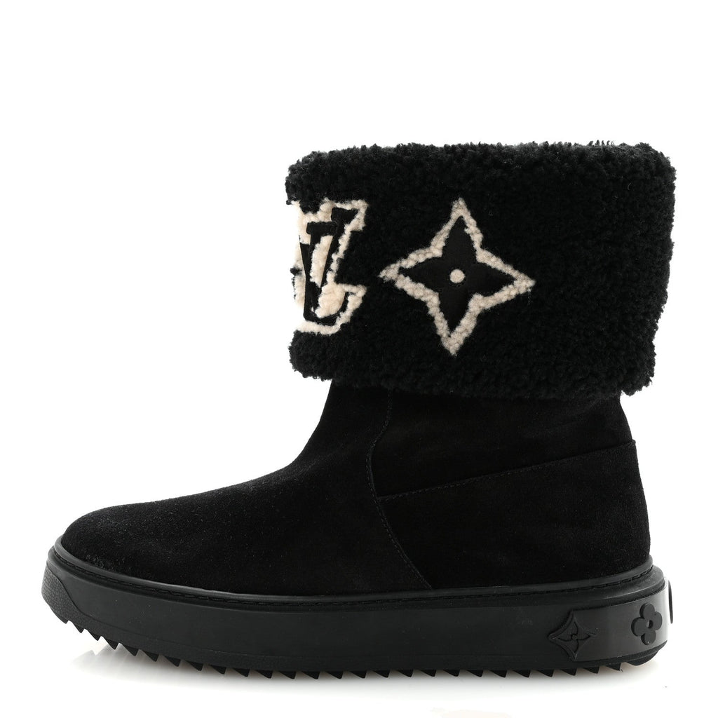 Suede Calfskin Shearling Snowdrop Flat Ankle Boot 37.5 Black