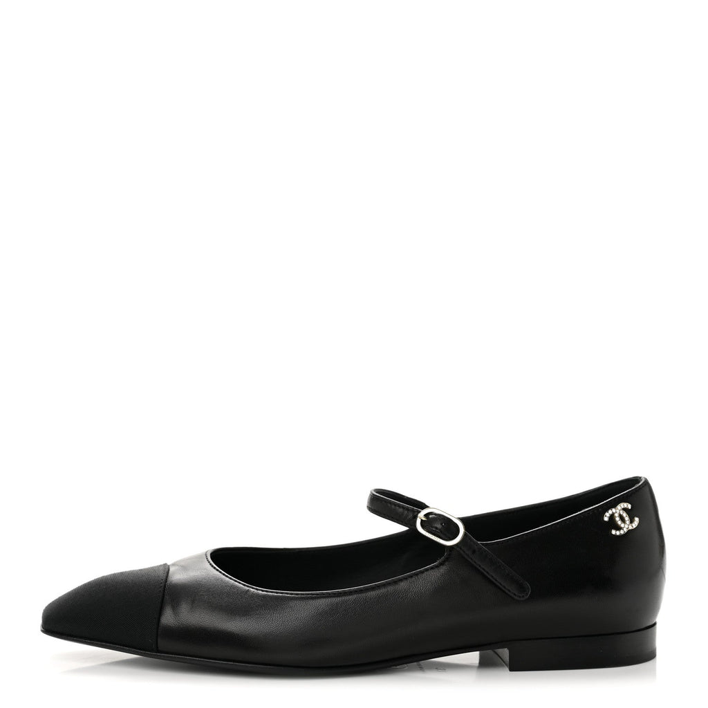 Lambskin Grosgrain Cap Toe CC Mary Jane Flats 37 Black
