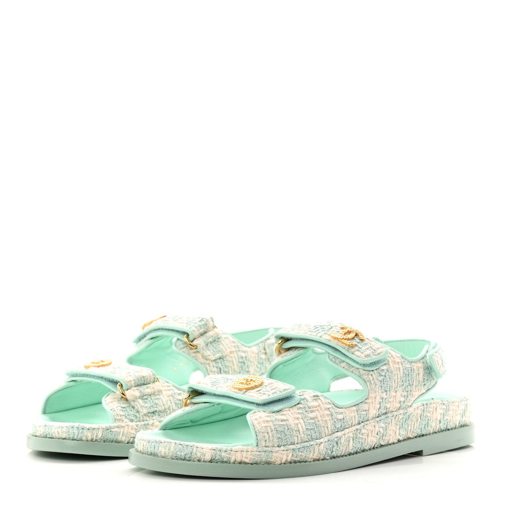 Wool Tweed Velcro Dad Sandals 37.5 Light Blue Ivory