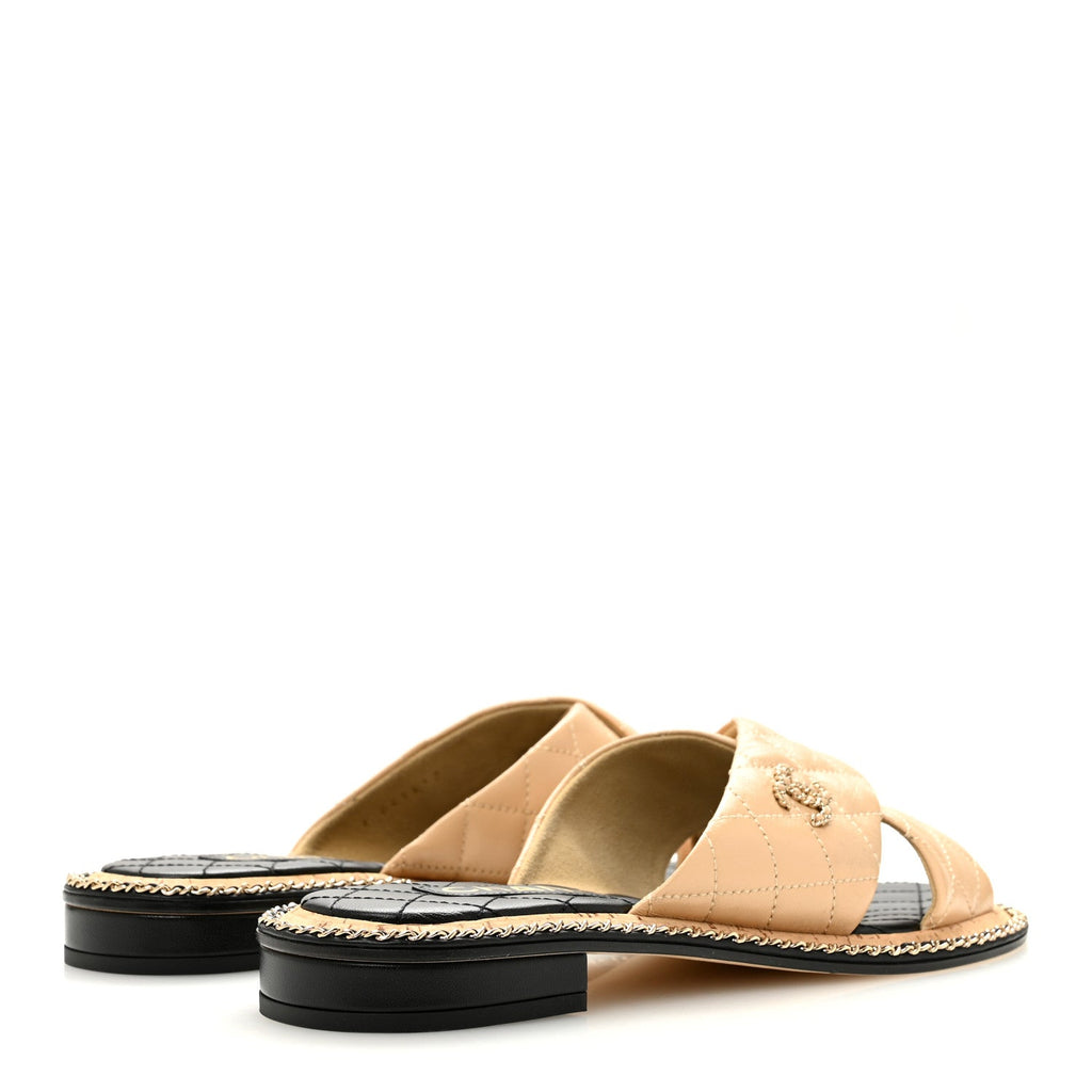 Shiny Lambskin Quilted Metal Chain CC Sandals 36.5 Beige