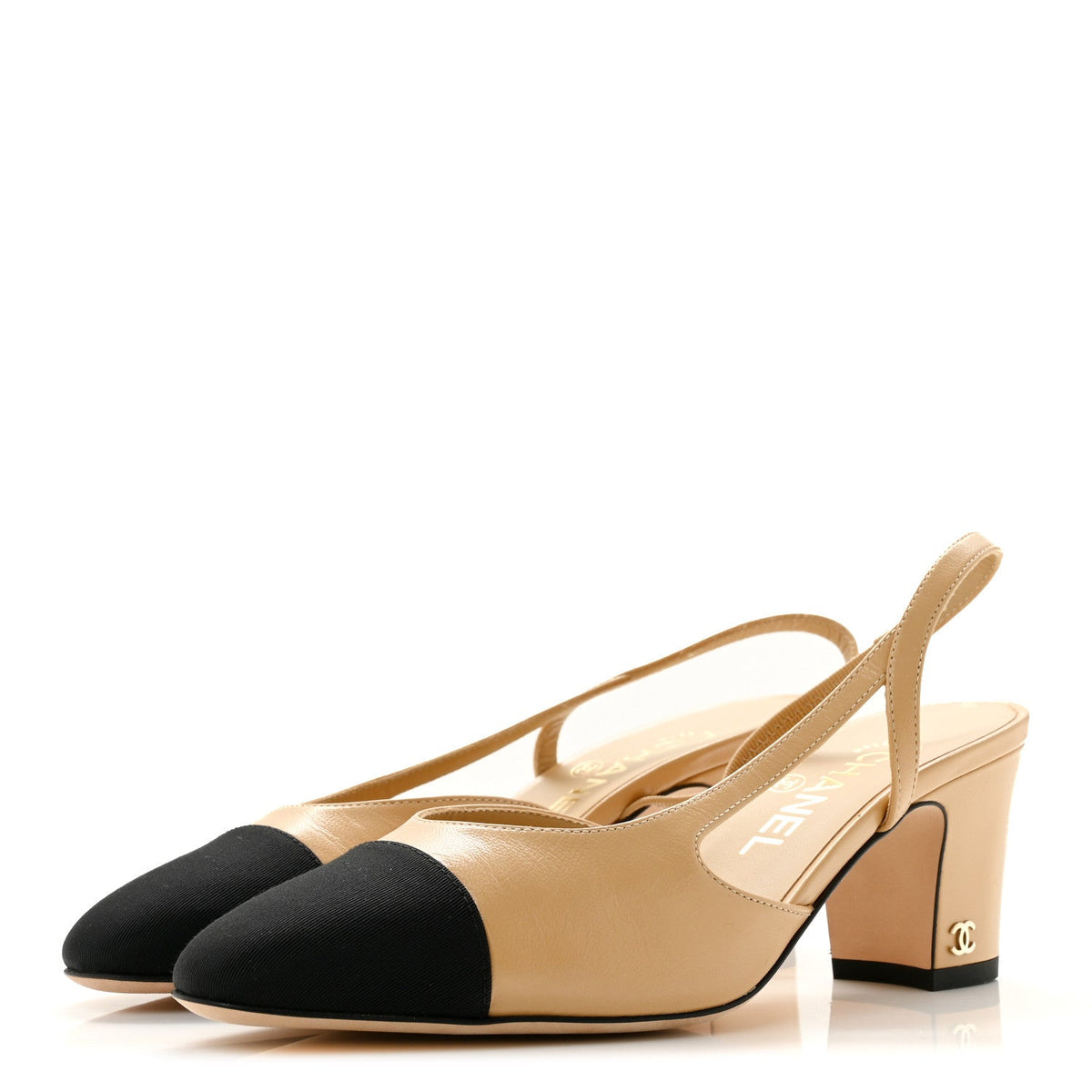 Goatskin Grosgrain Cap Toe CC Slingback Pumps 37 Beige Black