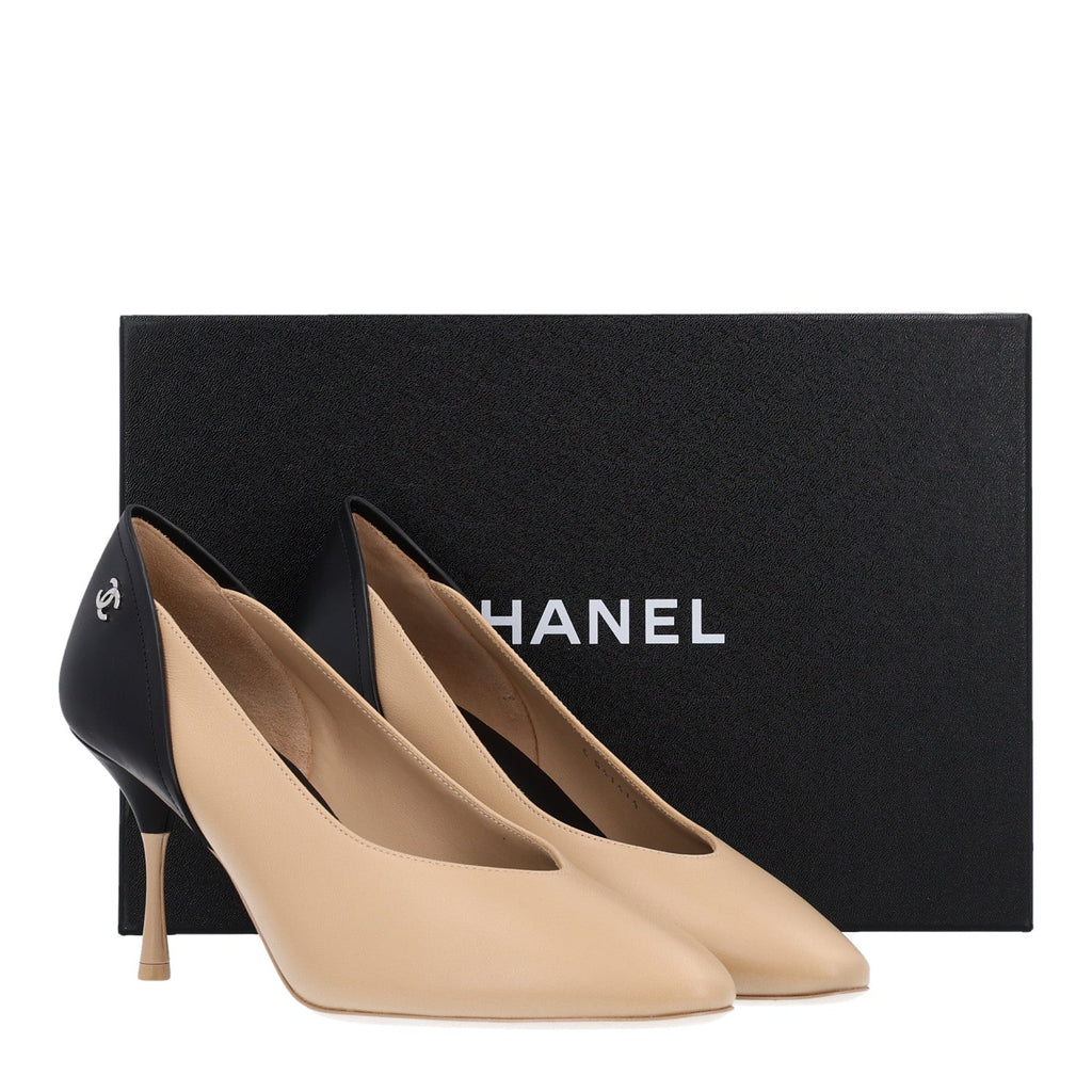 Lambskin Calfskin Cap Toe Pumps 40 Black Beige