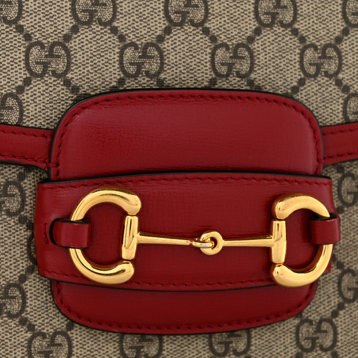 GG Supreme Monogram Azalea Calfskin Horsebit 1955 Shoulder Bag Beige Ebony New Cherry Red