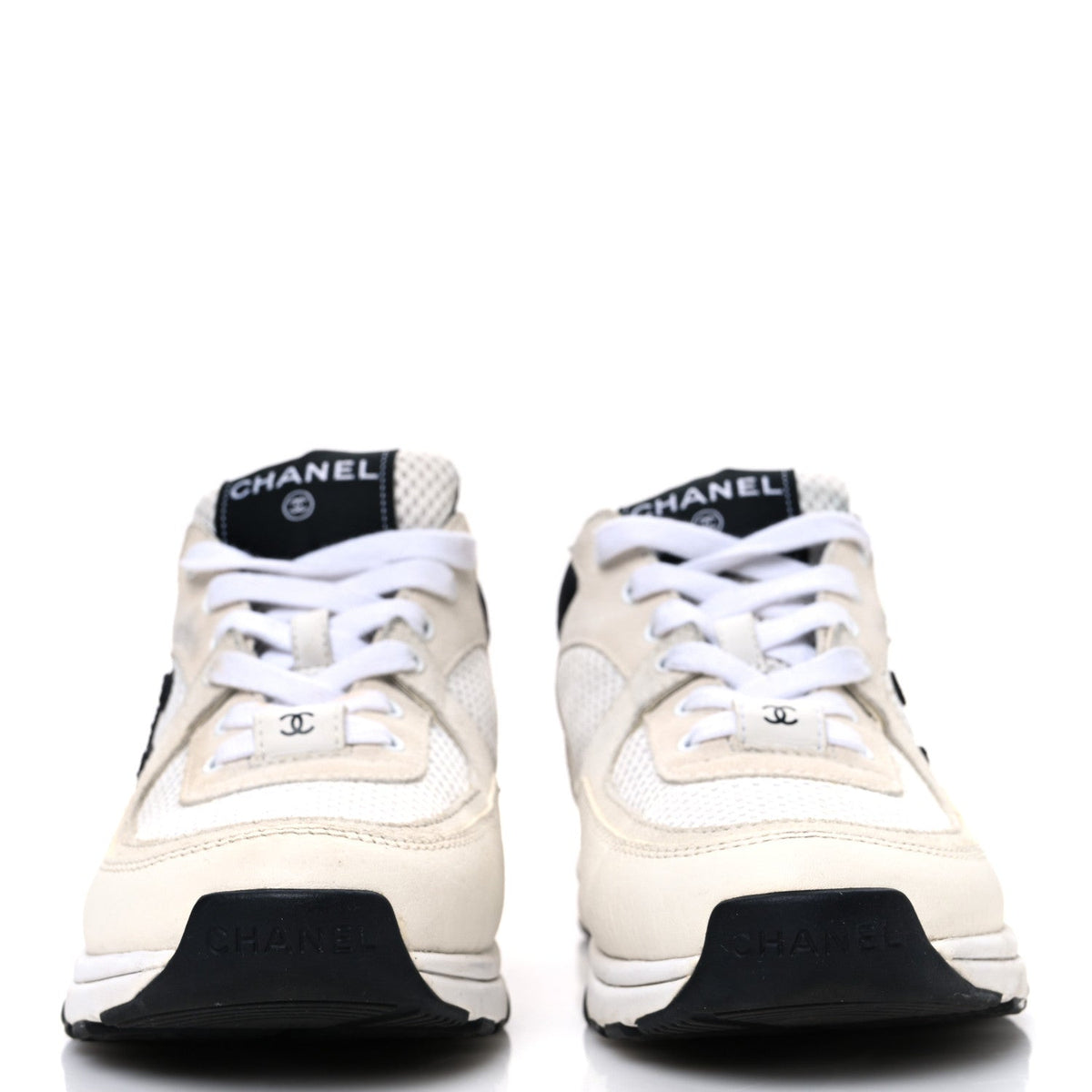 Mesh Suede Calfskin Grained Calfskin Womens CC Sneakers 36 White Black