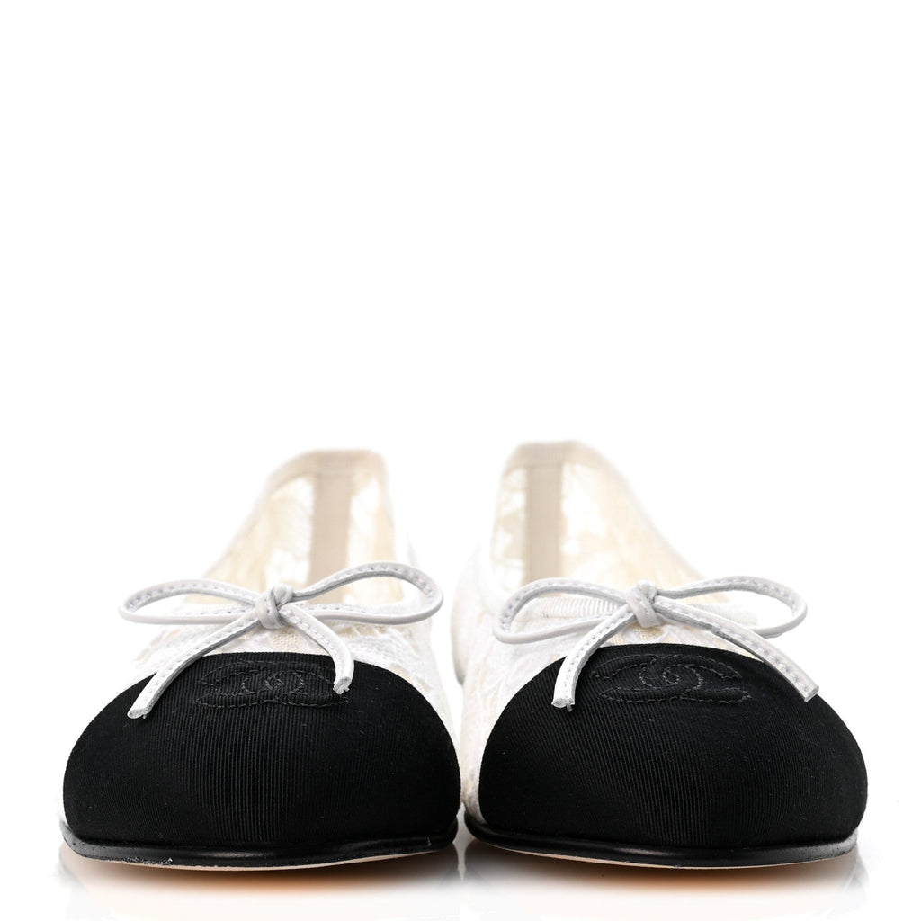 Cotton Mixed Fibers Grosgrain Cap Toe CC Ballerina Flats 37.5 White Black