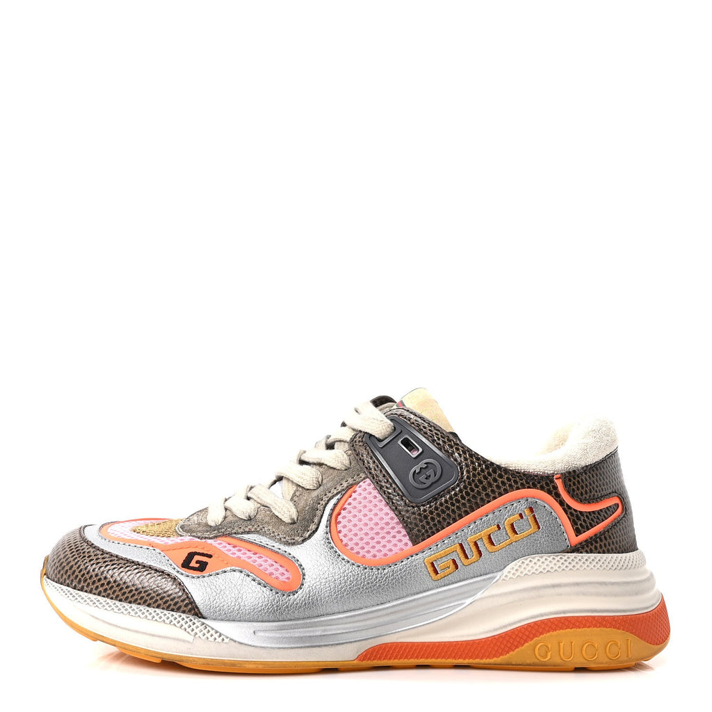 Calfskin Suede Mesh Lizard Embossed Womens Ultrapace Sneakers 37 Silver Anthracite Neon Orange