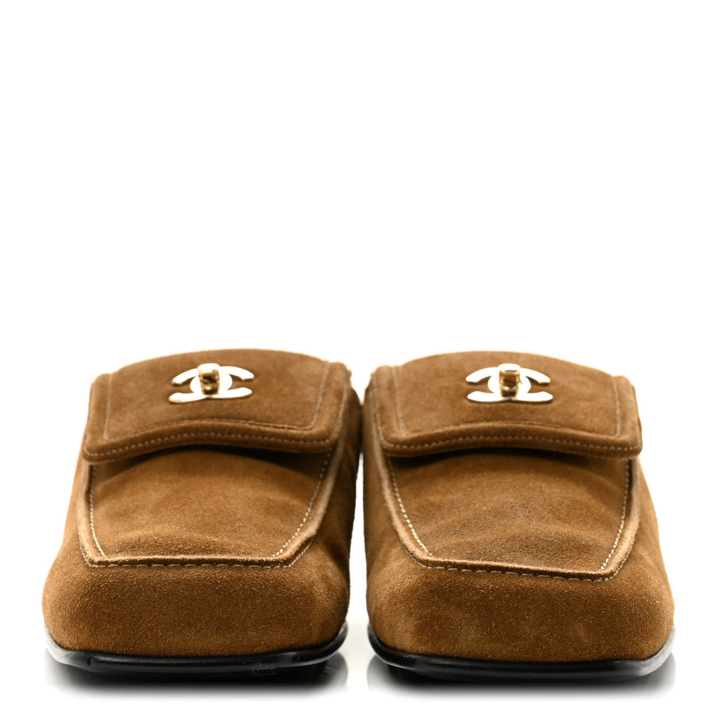 Suede Calfskin CC Turn Lock Mules 40 Dark Beige