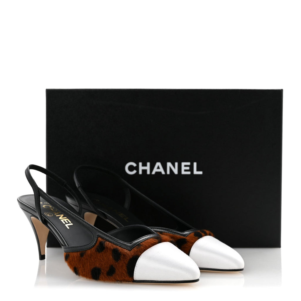 Lambskin Mixed Fibers Cap Toe CC Slingback Pumps 37 White Brown Black