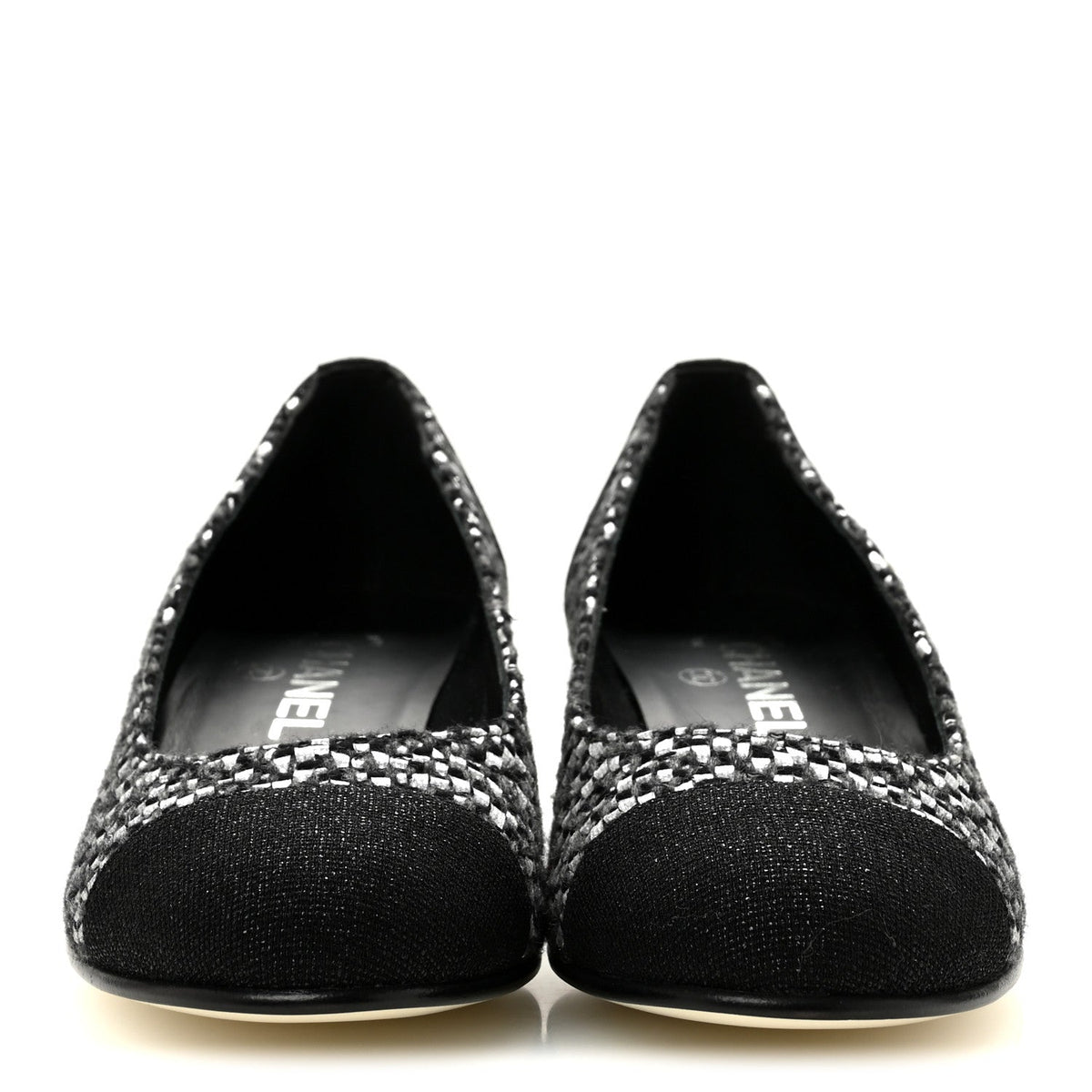Tweed Grosgrain Chain Cap Toe Low Heel Pumps 37 Silver Grey Black
