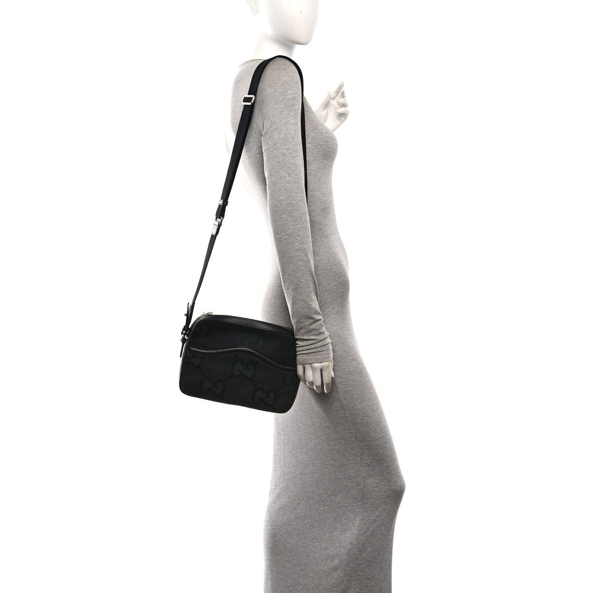 Monogram Jumbo GG Textured Dollar Calfskin Web Messenger Shoulder Bag Black