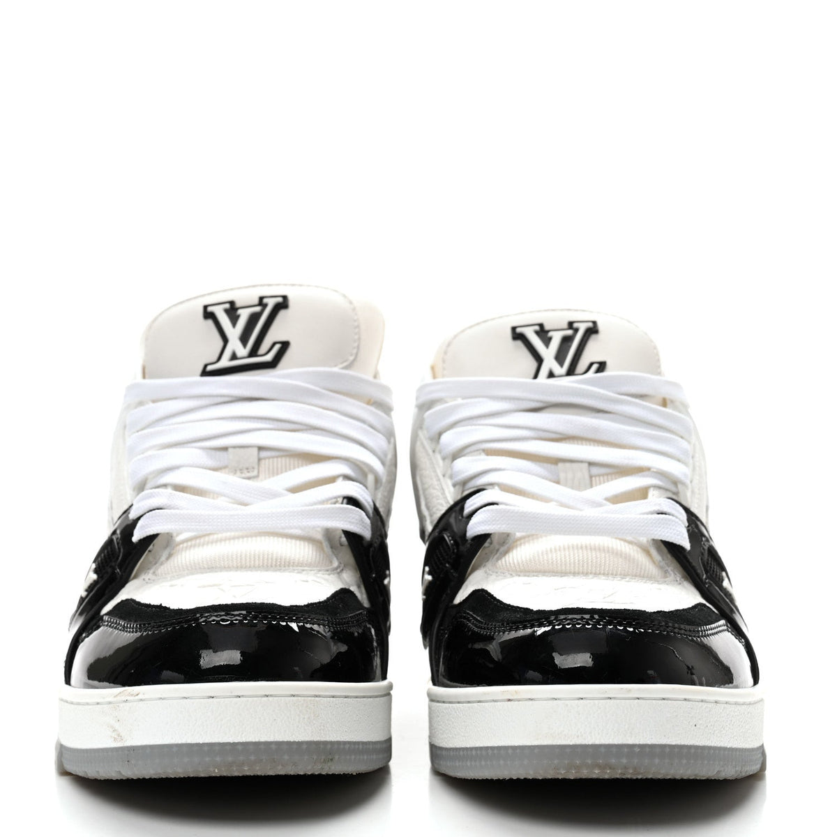 Calfskin Patent Mens LV Trainer Sneakers 9 White Black
