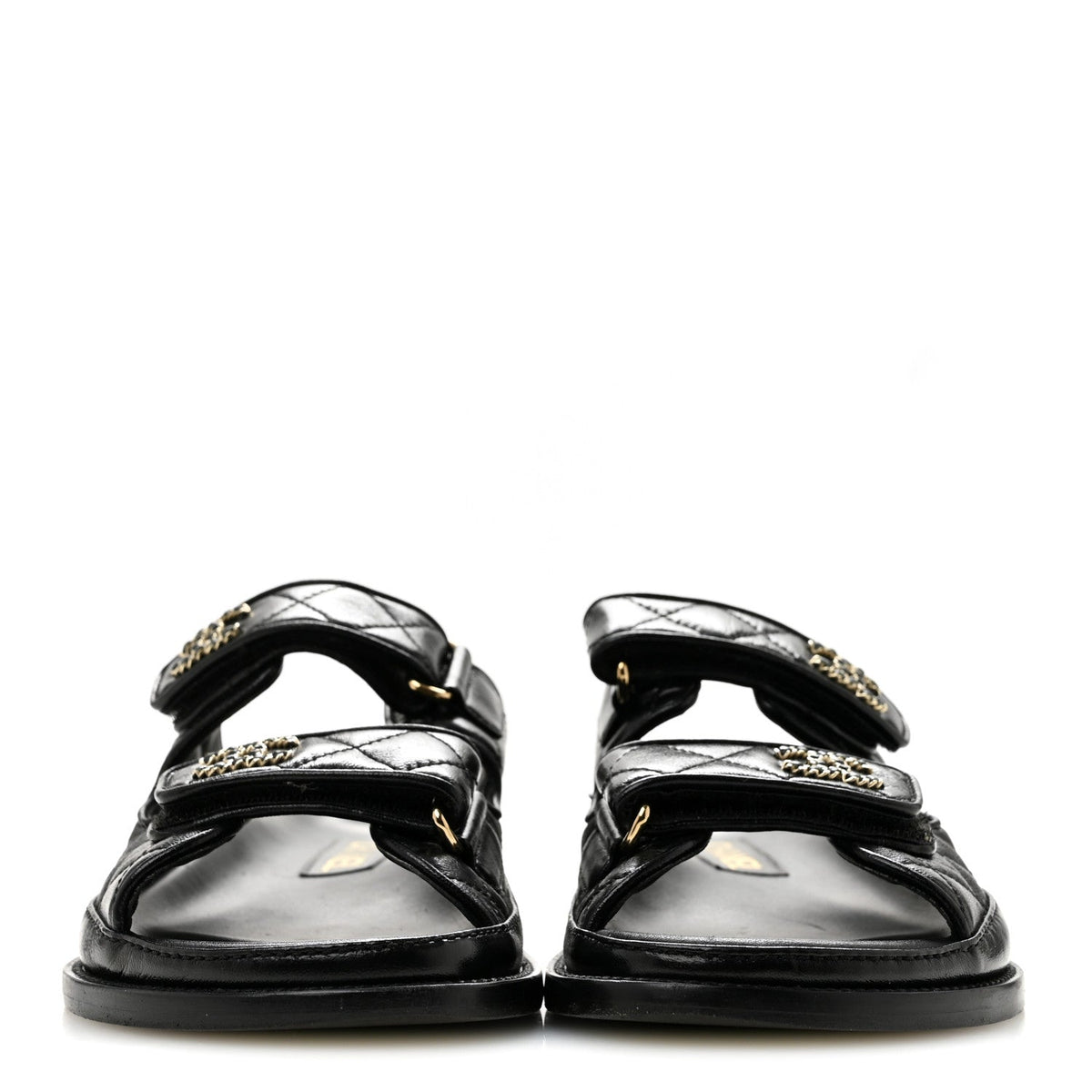 Lambskin Quilted Velcro Dad Chain CC Slide Sandals 36 Black